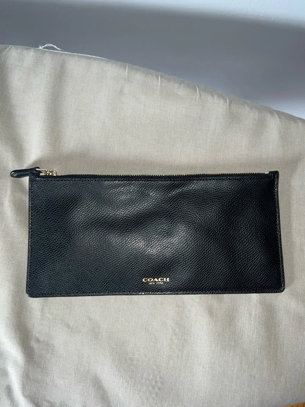 Coach Black Leather Zip Pouch with Gold Logo